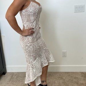 High-low cream lace overlay semi-formal dress